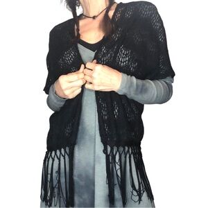Active Whimsigoth Sz S Black Crochet Boho Fringe Sweater Shrug Cardigan Cotton
